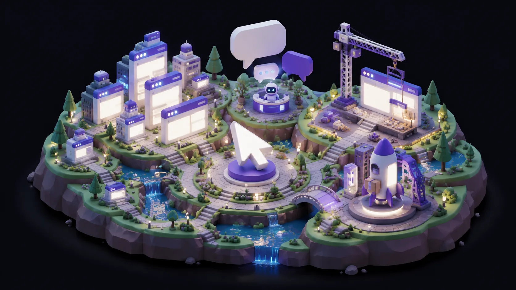 Miniature clay world of the Designer loop: a browser-window city, a giant cursor, a chat kiosk, a page being rebuilt, and a rocket ready to ship.